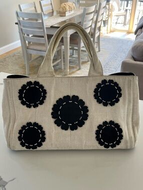 PRADA Canapa Canvas Appliqué Flower Motif Large Satchel Tote Bag Oatmeal & Black